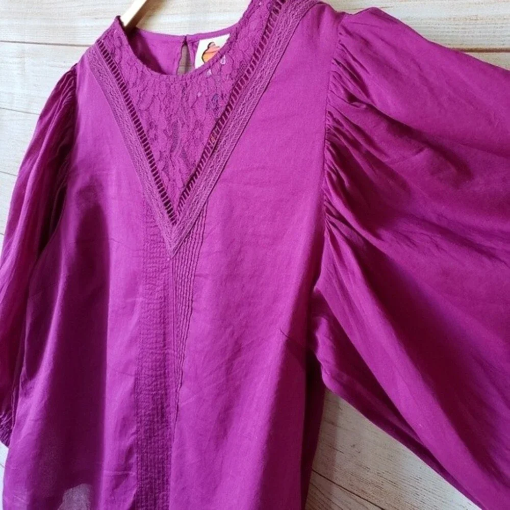 Farm Rio Anthropologie Kelsie Peasant Puff Sleeve Cotton Blend Blouse Top